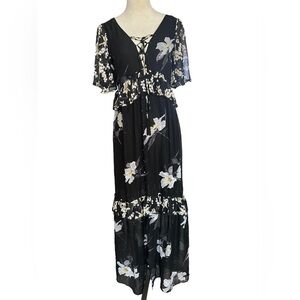 A. Calin flying tomato black floral ruffle lace up maxi dress